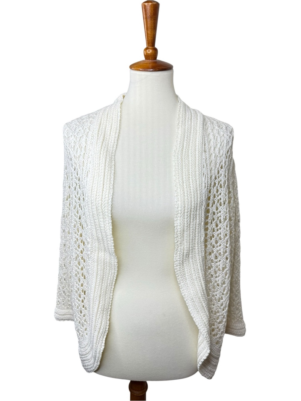 Jenny 1X Ivory Crochet Open Knit Cardigan Boho Cotton Sweater